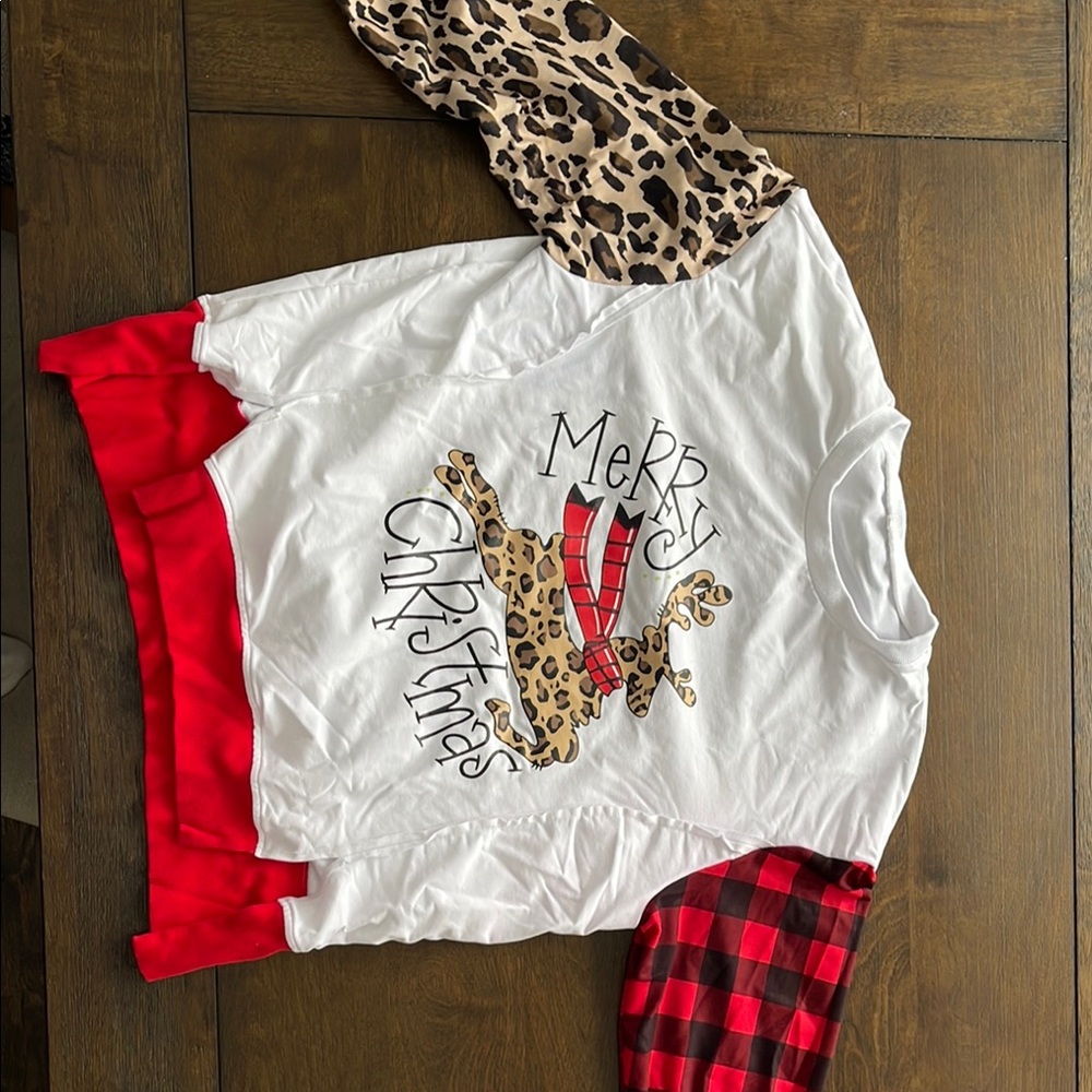 Merry Christmas Reindeer Top with Leopard and Plaid Sleeves